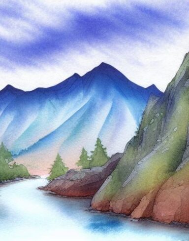 A fantasy detailed watercolor painting of a river with a snowy mountain and rocks in the background