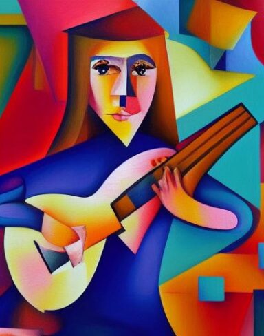 A fantasy painting of a girl playing a guitar
