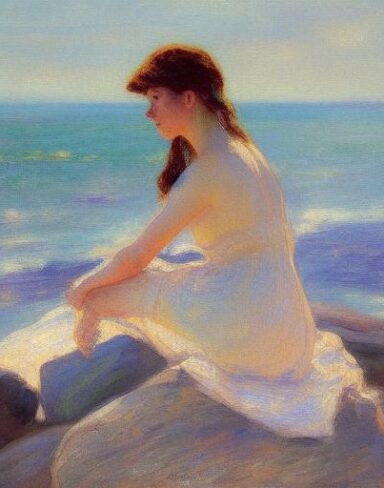 A fantasy painting of a woman sitting on a rock by the ocean