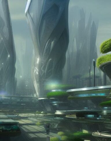 A futuristic city with trees