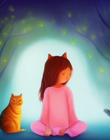 A girl next to a cat