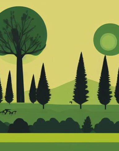 A green and black landscape with different trees and house