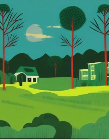 A green and black landscape with different trees and house
