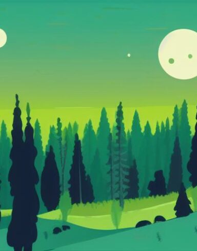 A green and black landscape with lots of trees