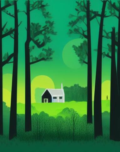A green and black landscape with trees and house