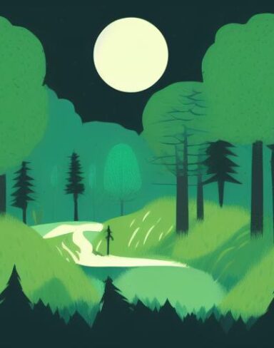 A green and black landscape with trees and house