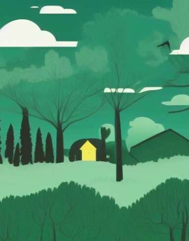 A green and black landscape with trees and houses