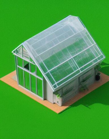 A green house sitting on top of a green field
