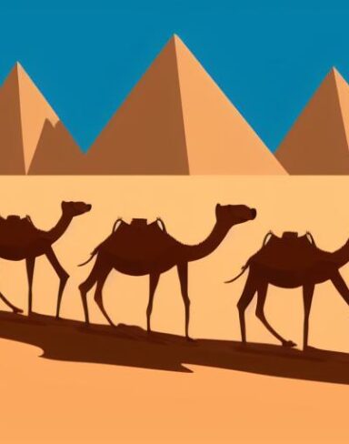 A group of camels walking across a desert