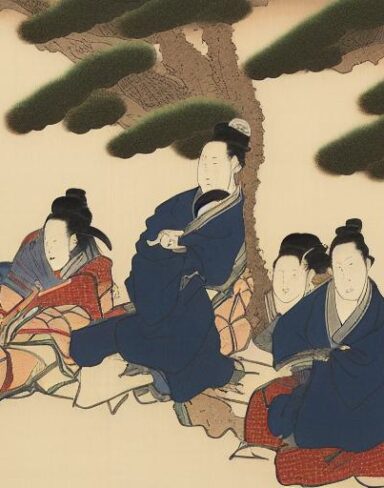 A group of people sitting outdoor trees