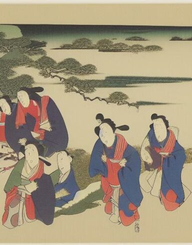 A group of people standing on hillside near the river