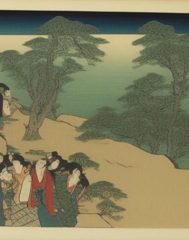 A group of people standing on hillside near the river