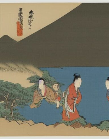 A group of people standing on mountain next to river