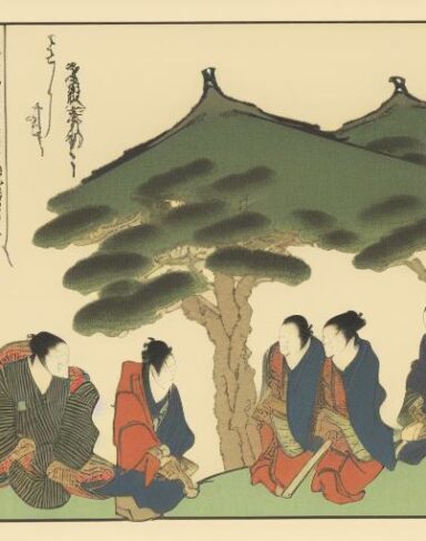 A group of people standing on top of a hill with trees