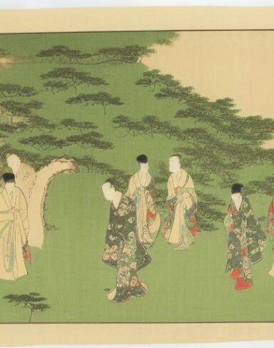 A group of people standing on top of a lush green hillside