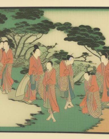 A group of people standing on top of a lush green hillside