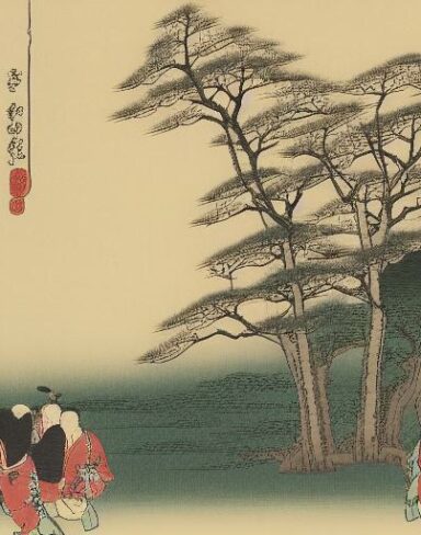A group of people walking on the grassland with near water