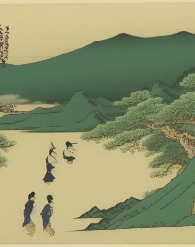 A group of people walking on top of a hill next to a body of water