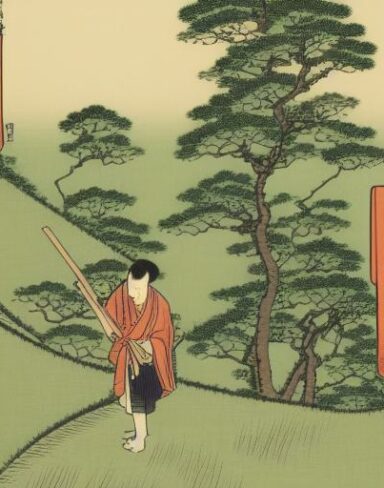 A human standing on top of a lush green hillside