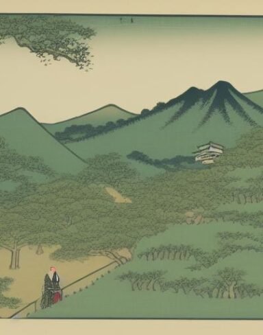 A human standing on top of a lush green hillside