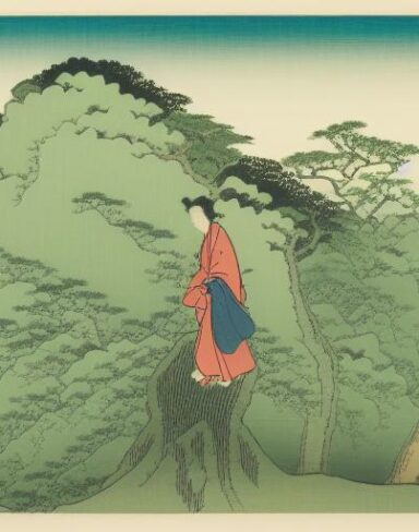 A human standing on top of a lush green hillside