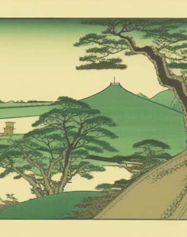 A human standing on top of a lush green hillside