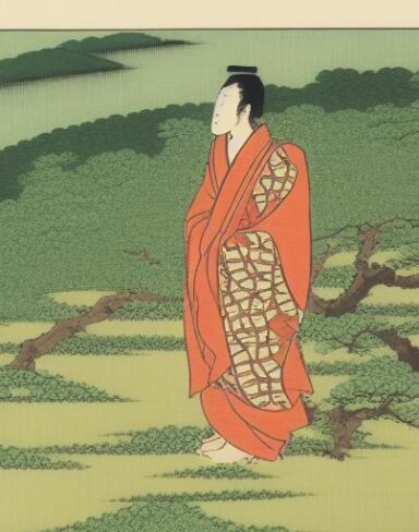 A human standing on top of a lush green hillside