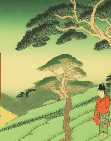 A human standing on top of a lush green hillside