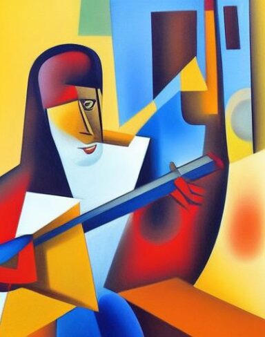 A joyful painting of a boy playing a guitar