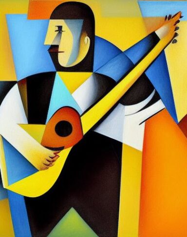 A joyful painting of a man playing a guitar