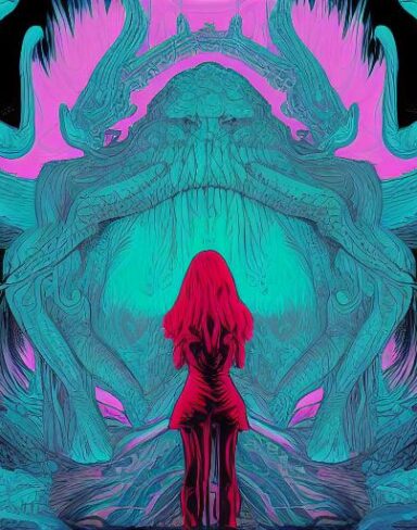 A lady that is standing near a monster