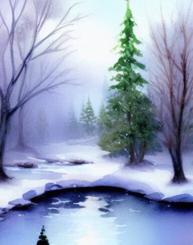 A light watercolor painting of snow-covered trees and a stream with fairies and deer