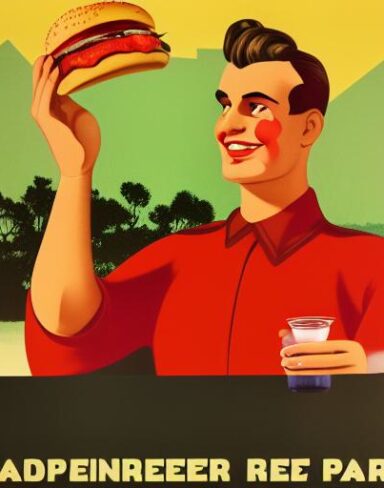 A man holding a juice in front of a plate of burger