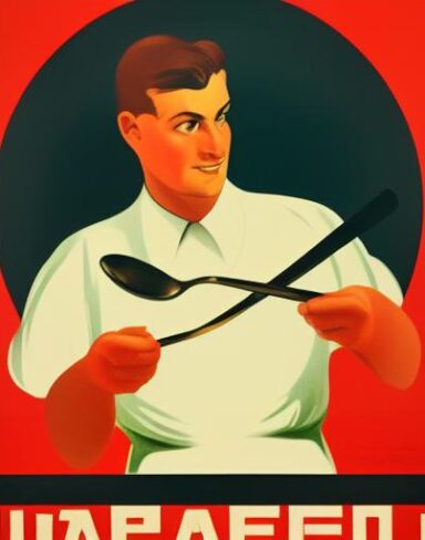 A man holding a spoon in front of a bowl of soup