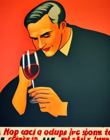 A man holding a wine glass in front of a bowl of soup