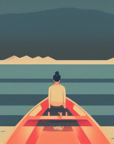 A man in a boat on a lake with mountains