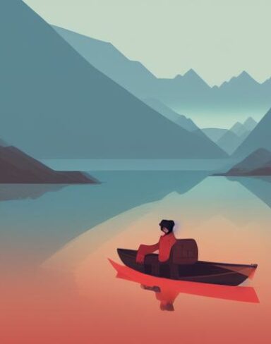 A man in a boat on a lake with mountains
