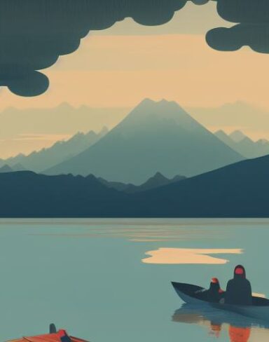 A man in a boat on a lake with mountains