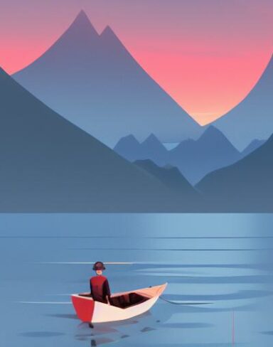 A man in a boat on a lake with mountains in the background