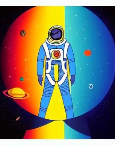 A man in a space suit with planets and water in the background