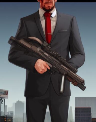 A man in a suit holding a gun
