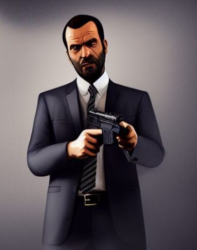 A man in a suit holding a gun