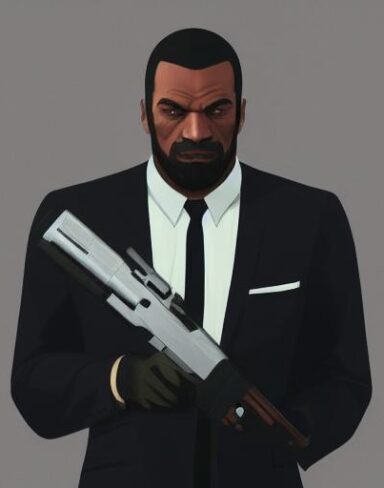 A man in a suit holding a gun