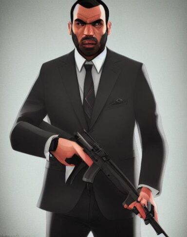 A man in a suit holding a gun