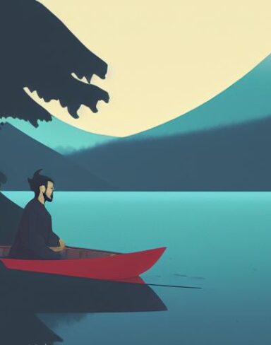 A man in the boat on a lake with mountains