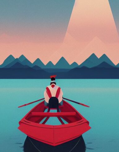 A man in the boat on a lake with mountains