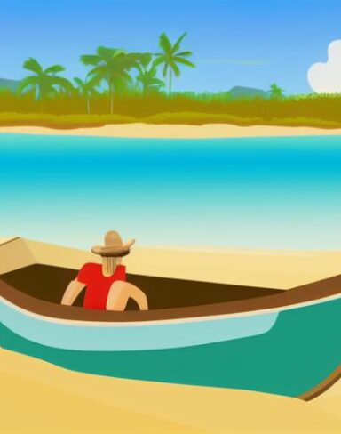 A man is sitting in a boat on beach