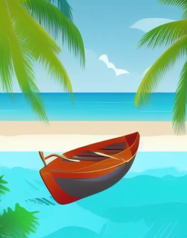 A man is sitting in a boat on beach in summer