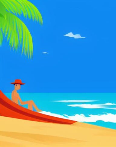A man is sitting in a boat on beach in summer season
