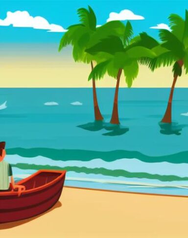 A man is sitting in a boat on the beach